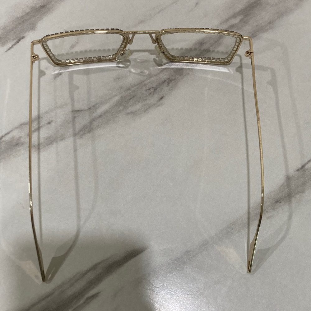 Gold Rhinestone Rectangle Frame Fashion Glasses - Picture 7 of 16